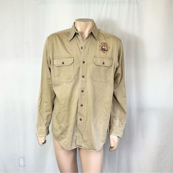 Rare Polo By Ralph Lauren Cotton Pheasant Patch Back Graphic Print Shirt Khaki L - Picture 3 of 17